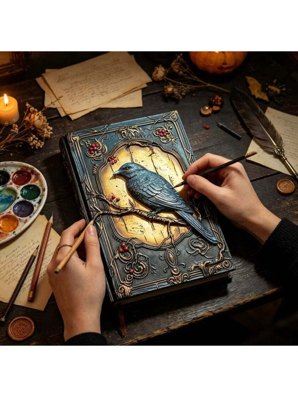 3D Raven Resin Journal Handmade Gothic Embossed Notebook Vintage Fantasy Diary